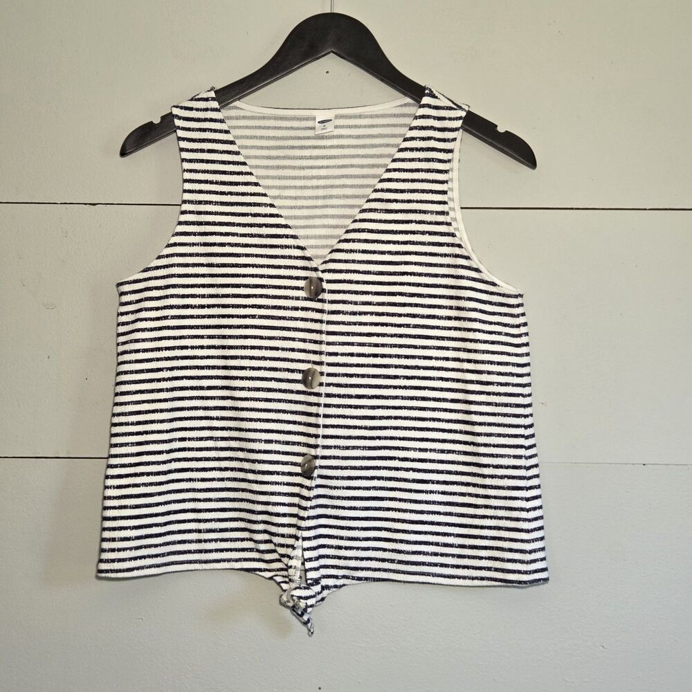 Old Navy Blue White Striped Knit V-Neck Button Front Tie Hem Tank Women M